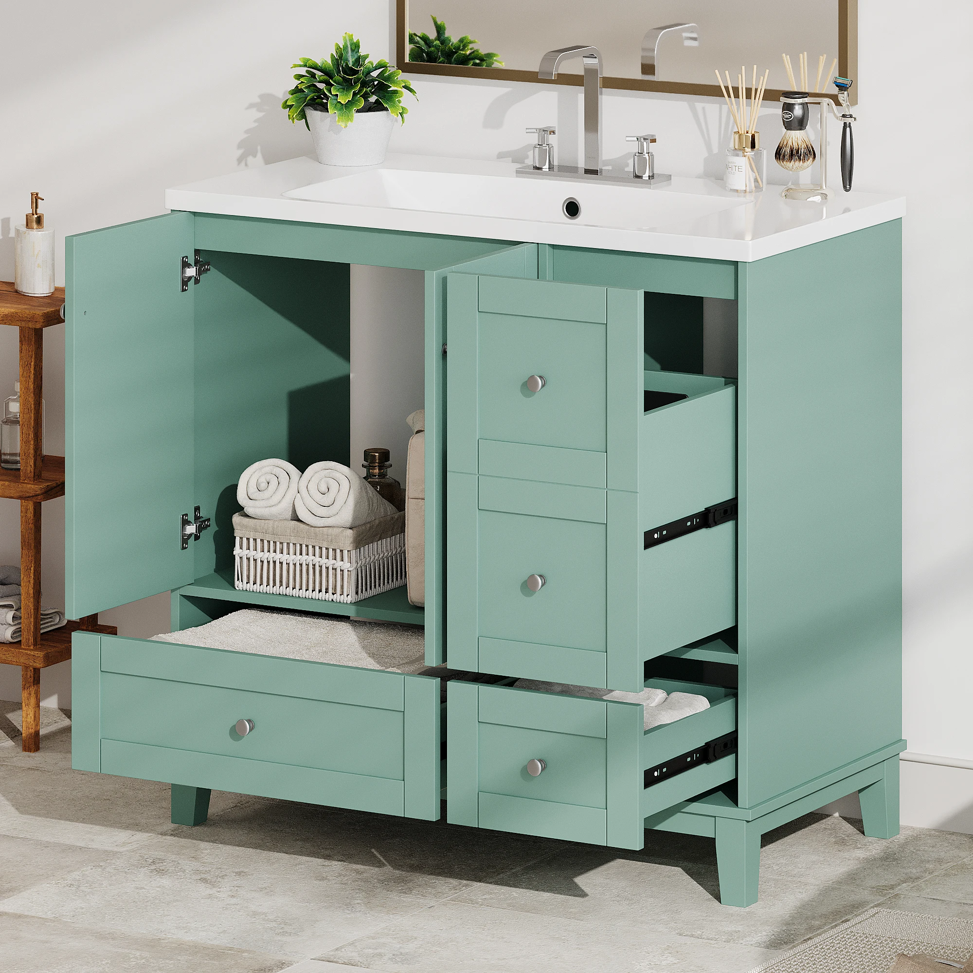 36-Inch Modern Bathroom Vanity with USB Charging - Sleek Two-Door Design and Three Drawers for Ample Storage, Green Finish