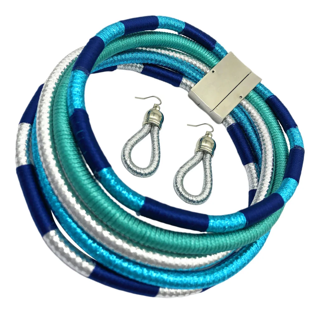 

1 Set Sky-Blue Multilayer Weaving Necklace Earrings Set African Style Handcrafted Jewelry For Women Fine Workmanship Pendant