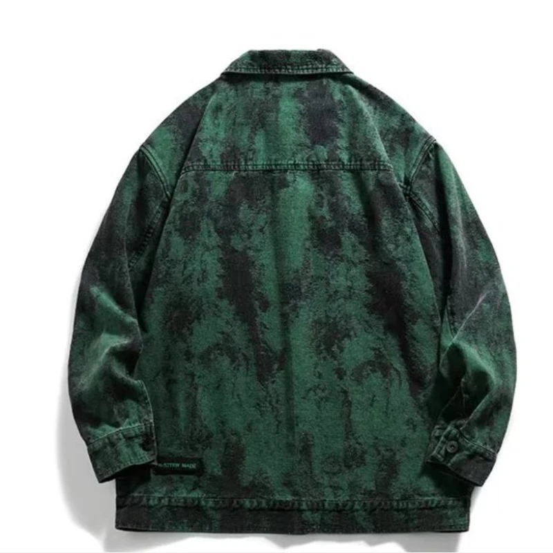 Men Tie-Dye Denim Jacket College Harajuku Casual Green Coat American Hip Hop Trend Lapel Loose Outwear Autumn Unisex Streetwear