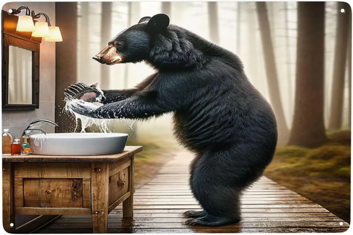 Rustikaler schwarzer Bär, Händewaschen, Humor, Metall-Blechschild, Vintage-inspirierte Wandkunst, Kabinendekoration für Badezimmer; Einzigartige Tierwelt in der Küche