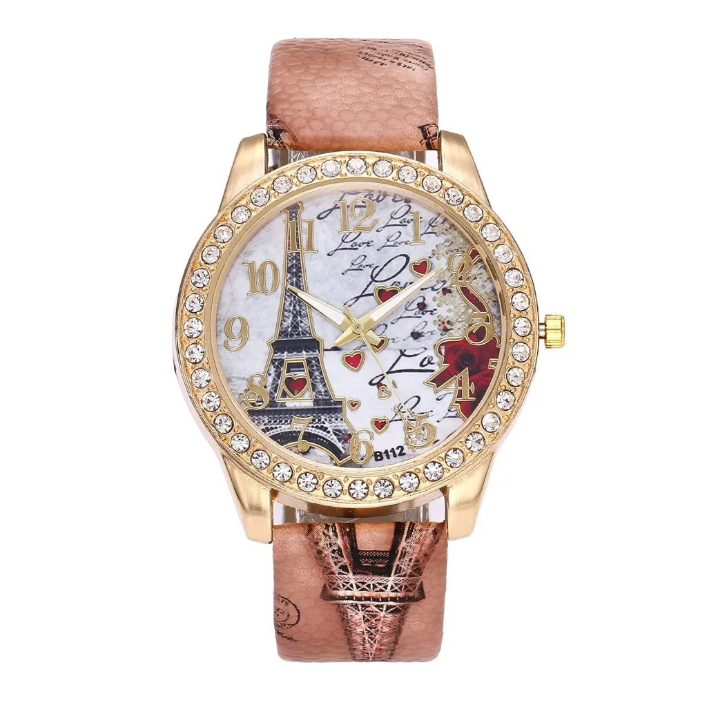 Vintage Paris Tower Women Fashion Watch Crystal Leather Quartz Wristwatch