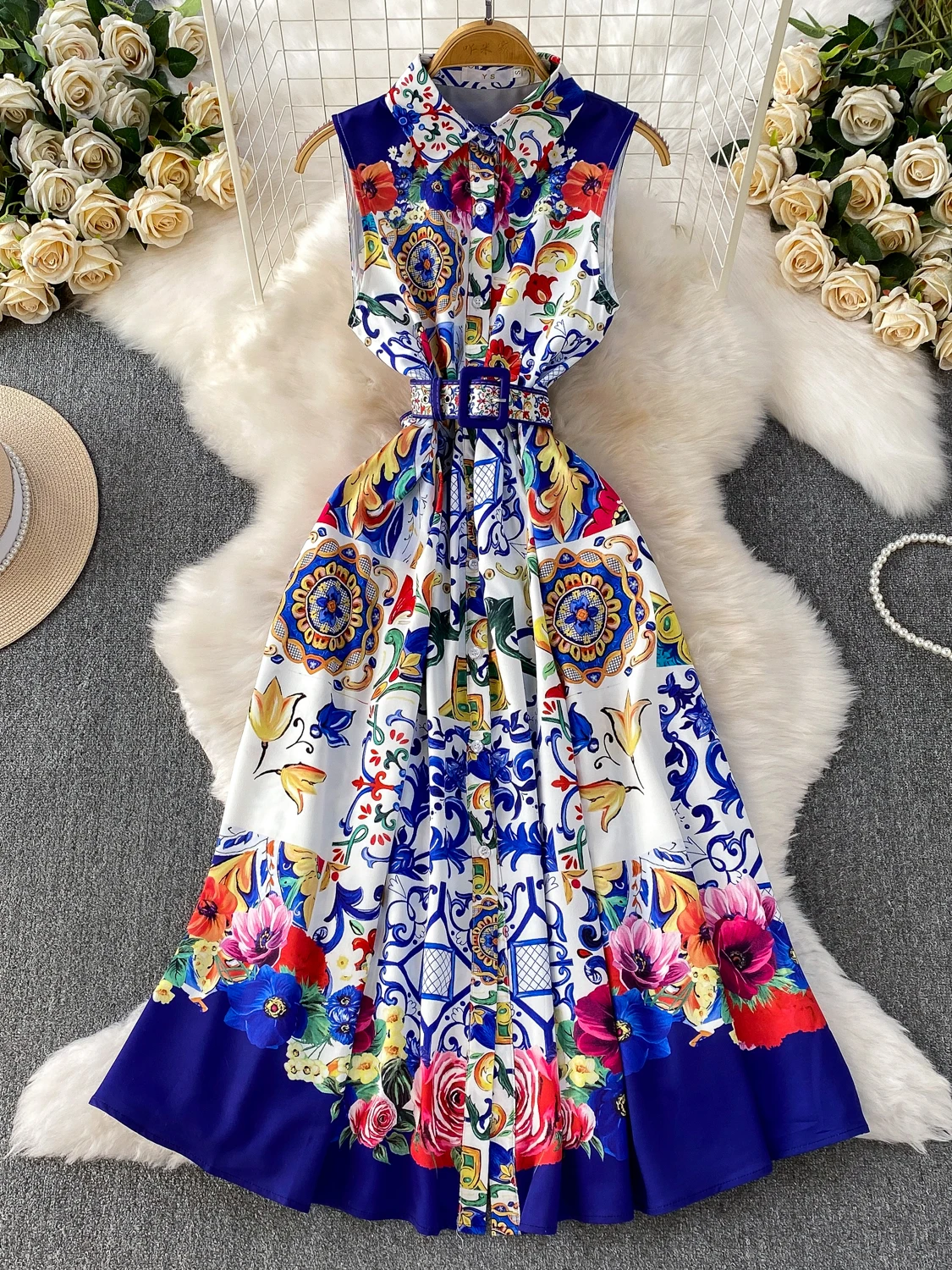 Retro Floral Print Turn-down Collar Svel Dr Women's Waist-cinching Slimming Long Satin A-line Dr for Parties