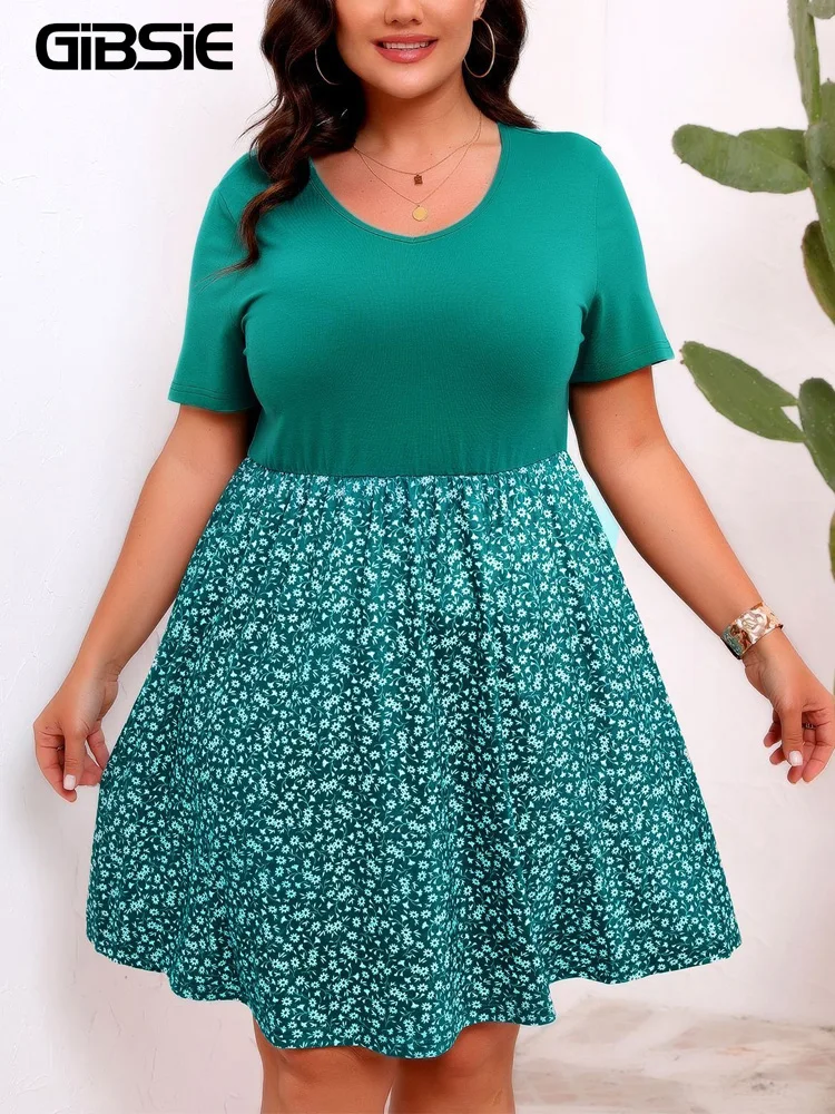 Gibsie Plus Size O-hals Ditsy Bloemen Mini Jurk Vrouwen Zomer Korte Mouw Boho Vakantie Casual Hoge Taille A Lijn Jurken 2024