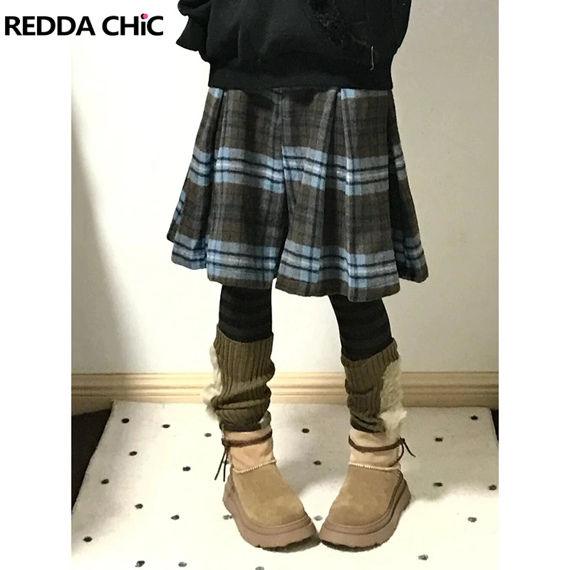 REDDACHiC Women's Blue Tartan Plaid Shorts Winter Tweed Pants Low Waist A-line Pleated Wide Leg Skorts School Korean Bottoms