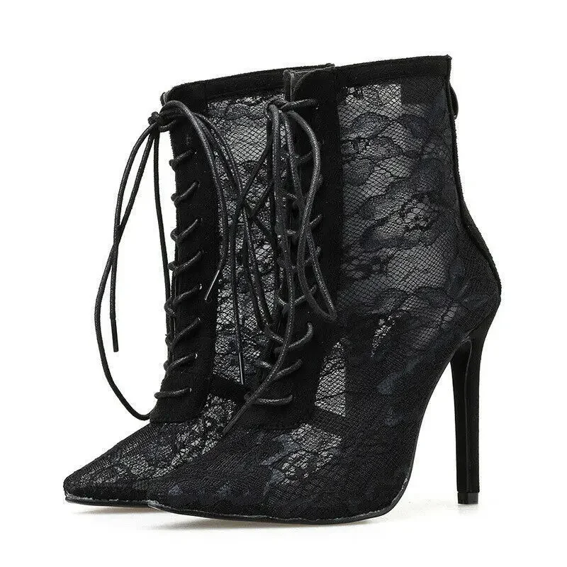 

New Sexy Pointed Front Lace Hollow Lace High Heel Women's Sandals With Back Zipper Large Cool Boots 43 Banquet Party Nightclub