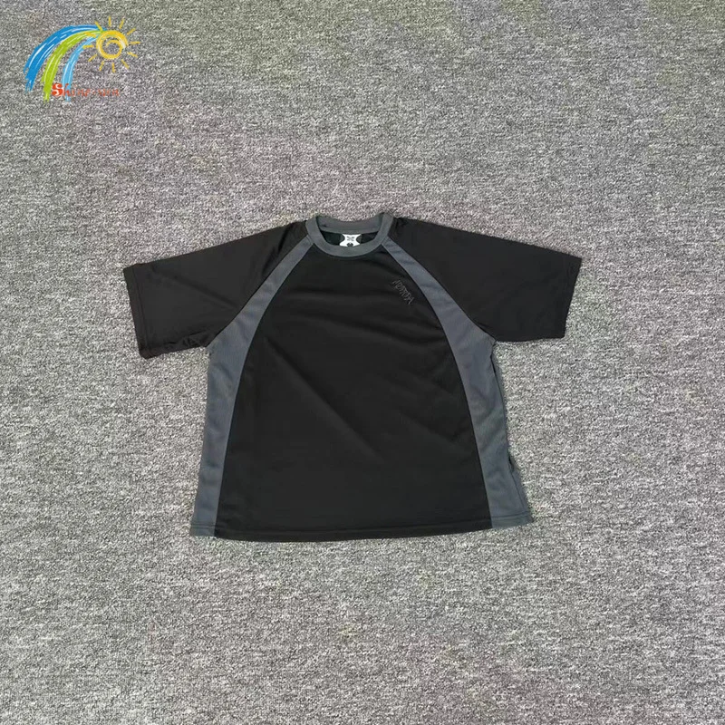 

26SS Simple Letters Logo Embroidery Mertra Mesh T Shirt Men Women Unisex Patchwork Splicing Short Sleeve T-Shirt Top Quality Tee