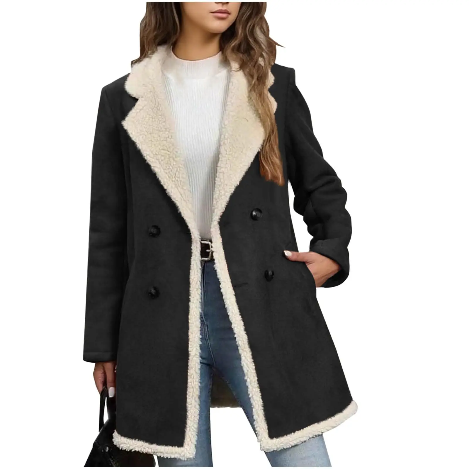 

Flip Collar Double Breasted Long Coat Warm Suede Jacket Elegant And Fashionable Coat Jacket Winter Women'S Coat