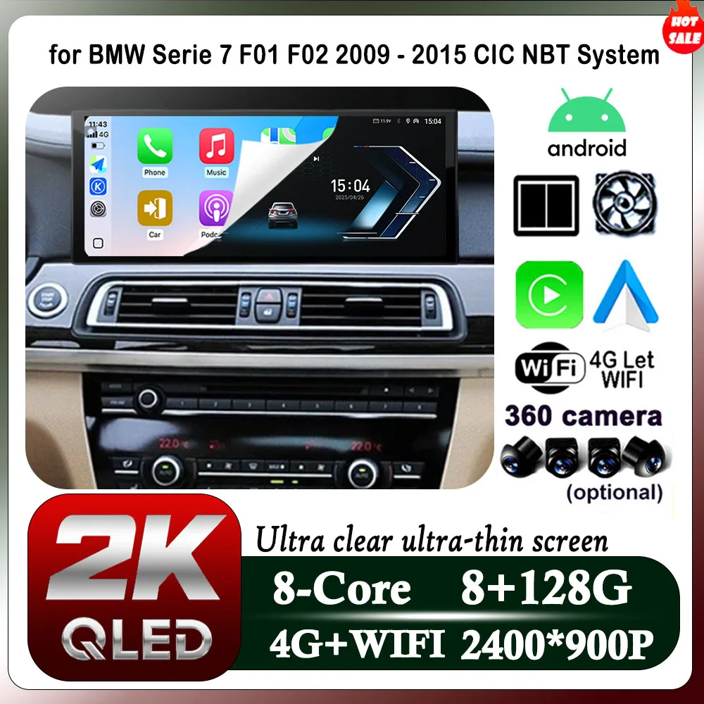 

12.3” for BMW Serie 7 F01 F02 2009 - 2015 CIC NBT System Car video 2400*900 QLED Screen GPS Navi Android 14 Carplay 4G DSP Fan