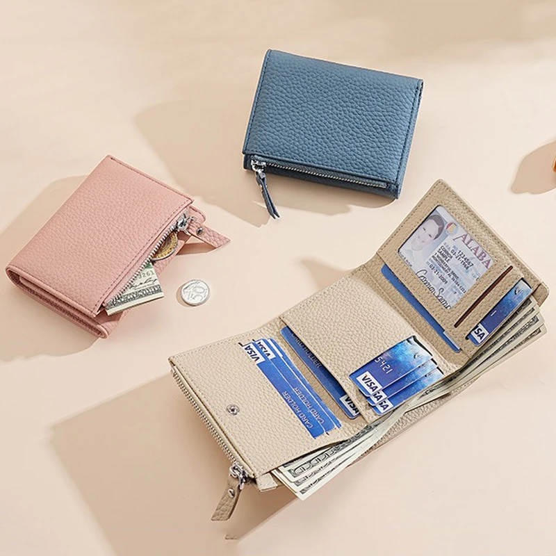 

Короткие женские кошельки с блокировкой RFID в японском стиле, натуральная кожа, слоты для нескольких карт, держатель для карт, тройной кошелек с карманом на молнии