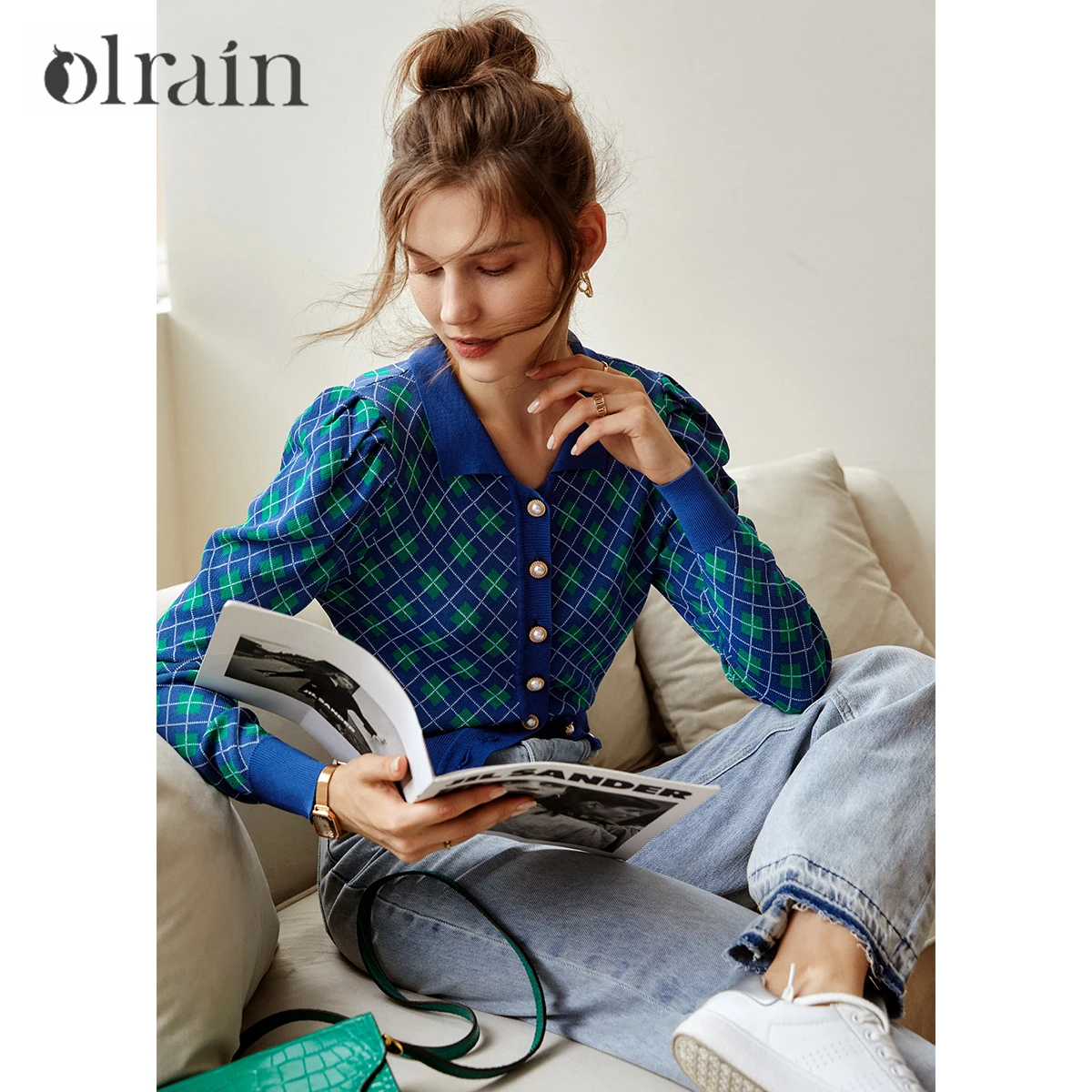

OLrain Plaid Cardigan Sweater Women's Spring New 2025 Slim And Thin French Retro Outerwear Blue Top O21QM51181