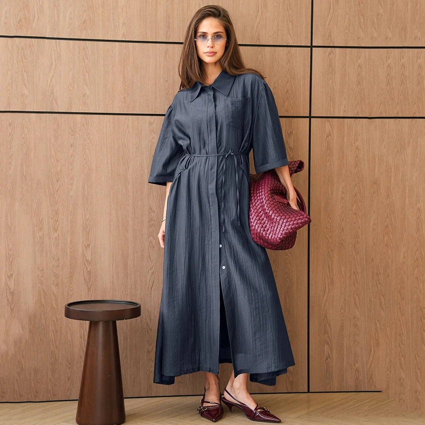 فستان Linad أنيق أبيض طويل ذو طية صدر السترة للنساء 2026 فساتين مكتب سيدة واحدة الصدر سبليت فستان حزام أنيق للشارع جيب