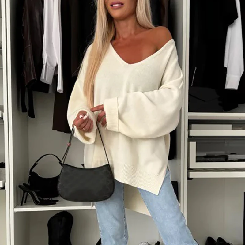 Fashion Solid Color Loose Jumper Elegant V-neck Side Split Pullover Sweater 2024 Women Casaul Long Sleeve Irregular Knitted Tops