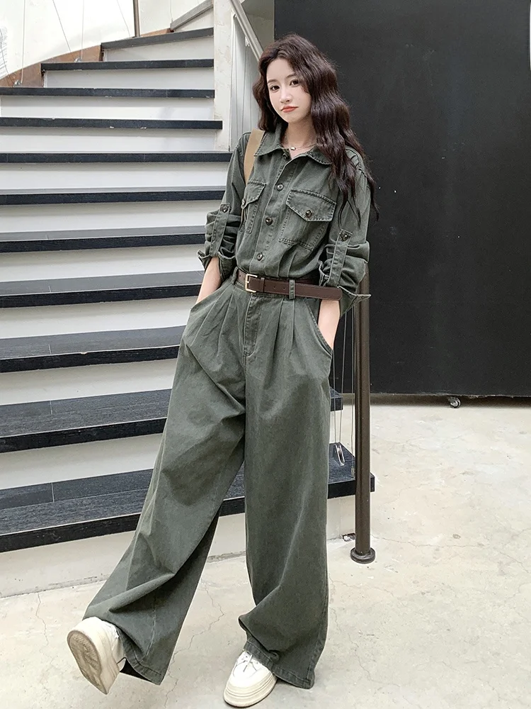 レトロなワークウェアジャンプスーツワイドレッグパンツセット レディース 春秋ファッショナブルなスリーブレスロングパンツ ハイウエストベルト