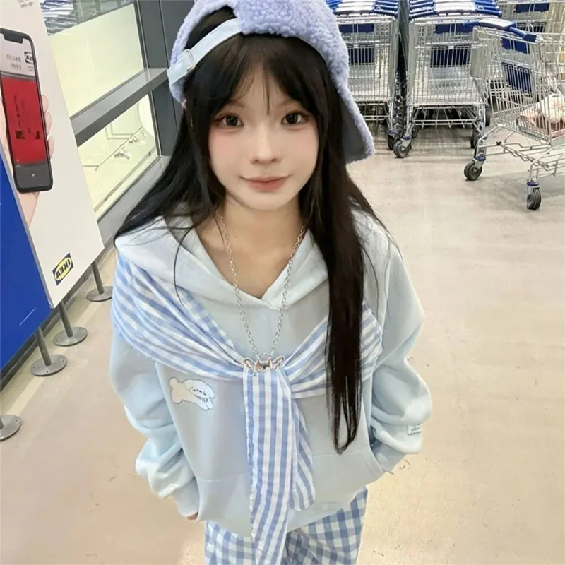 2025 كسول منقوشة ربطة القوس فيونكة مقنعين الحلو الخريف أفضل تصميم جديد هوديي المرأة سترة فضفاضة ins زوجين فضفاض هوديي المرأة Ins جديد