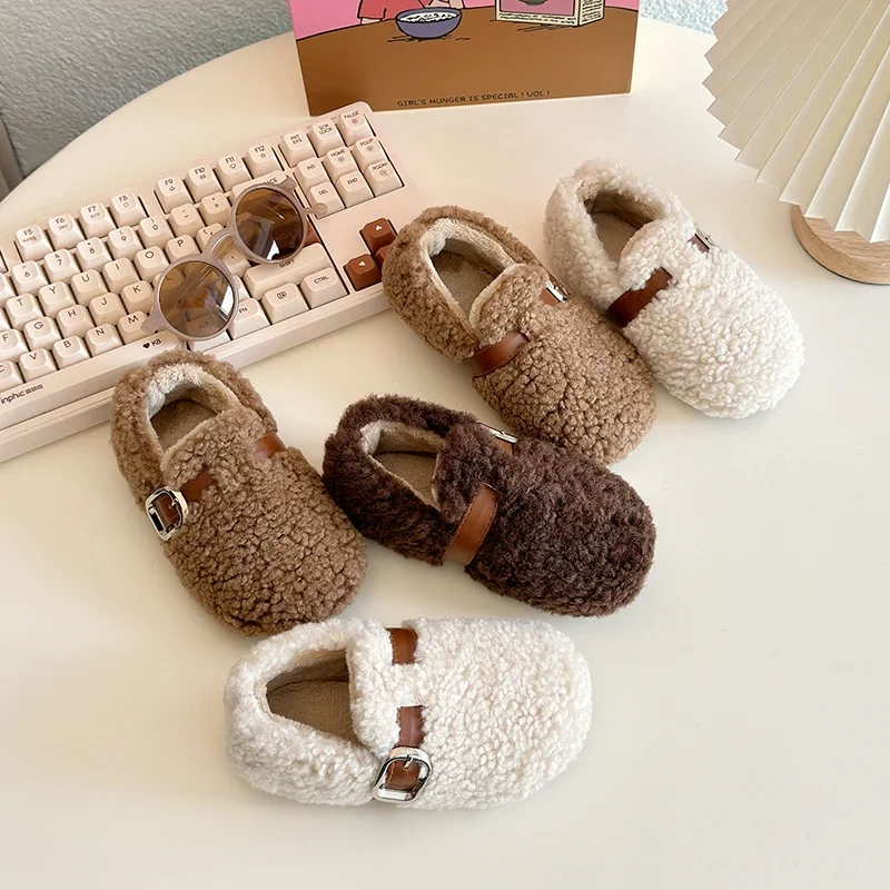 Kids' Winter Shoes Soft Furry Hairy Children's Fashion Plush Flat Shoes Simple Versatile Girls Causal  Cotton Shoes Round-toe