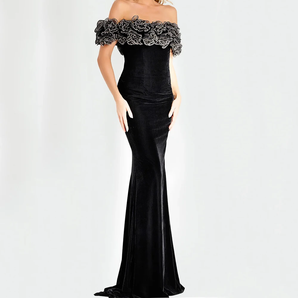 

Customized Mermaid Evening Dresses Floor-length Off The Shoulder Sleeveless Prom Gown Fashion Crystal Simple Draped Party Gown
