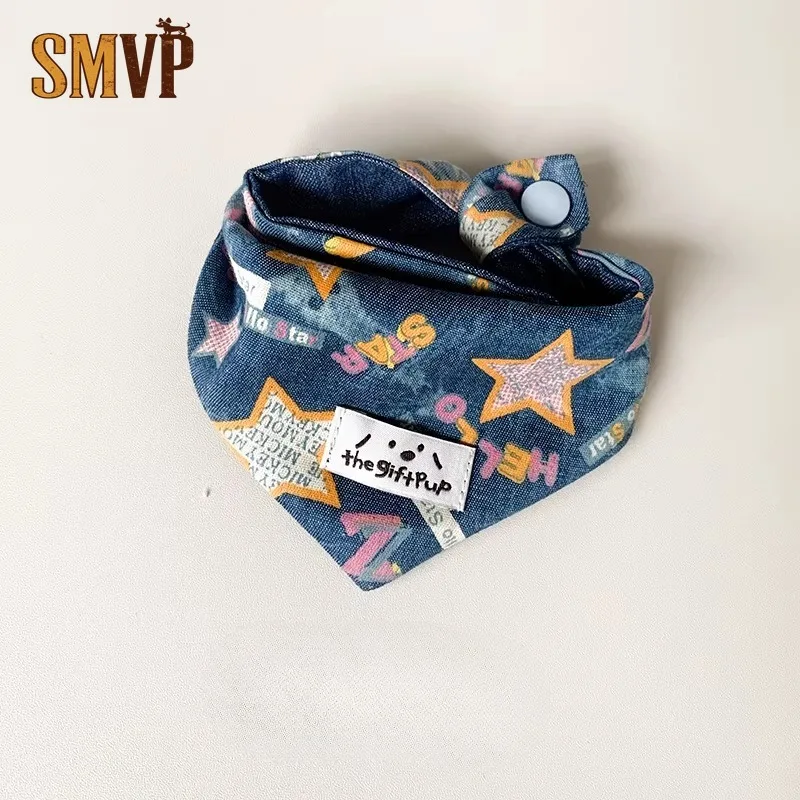 

Original Design Soft Breathable Fabric Denim Star Double Triangle Towel Casual Handsome Style Pet Kitten Puppy Decorative Bib