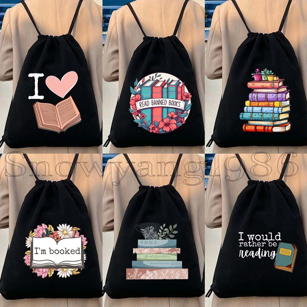 Aesthetic Floral Stack of Books Coffee Flowers Book Quotes Reading Cute Gifts Canvas Drawstring Bag Backpack Gym Sports Sackpack