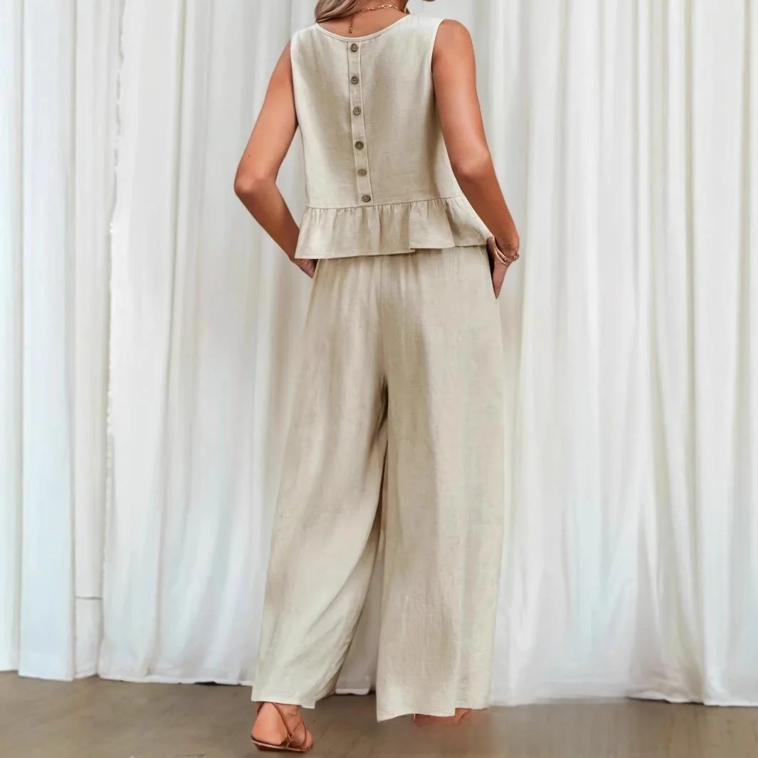 

Лето 2023, женский повседневный плиссированный жилет на бретельках, широкие брюки из девяти предметов, ансамбль, модный комплект футболок, европейский сле