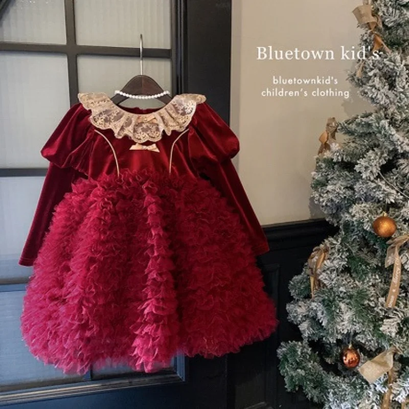 

Children's Clothing Girls' Childhood Style New Year Outfit Autumn Winter Christmas Red Dress Girls' Puffy Skirt Velvet Formal Dr