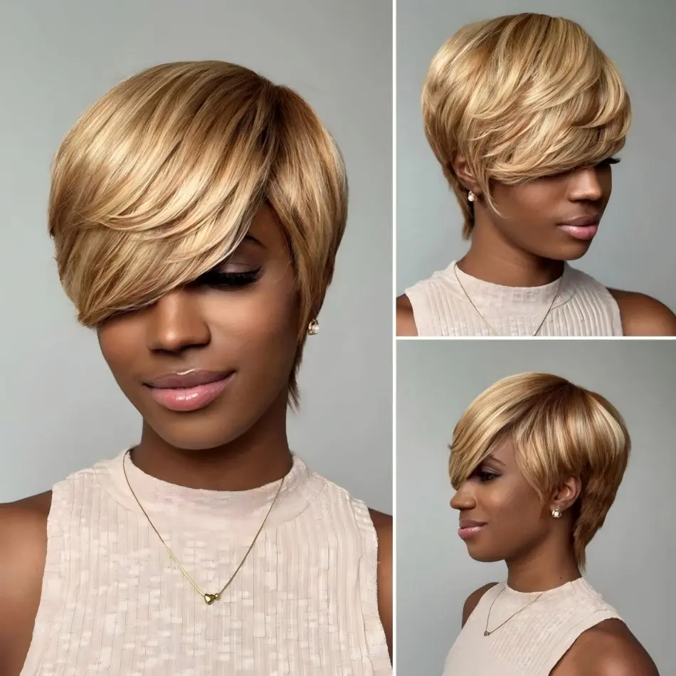 

Blonde Highlight With Brown Short Pixie Cut Glueless Long Bangs Wig Full Machine Made Bob Wig Human Hair 100% Colored 310Density