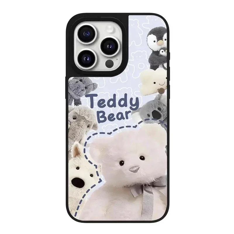 Funda de teléfono magnética con espejo de oso de peluche, bonita funda de felpa para IPhone 11, 12, 13, 14, 15, 16 Pro Max, 16 Pro Max