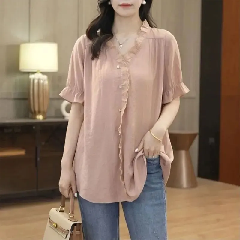 

Stylish Lace Patchwork V-Neck Shirt Casual Female Clothing Solid Color Loose Summer Button Korean Short Sleeve All-match Blouse