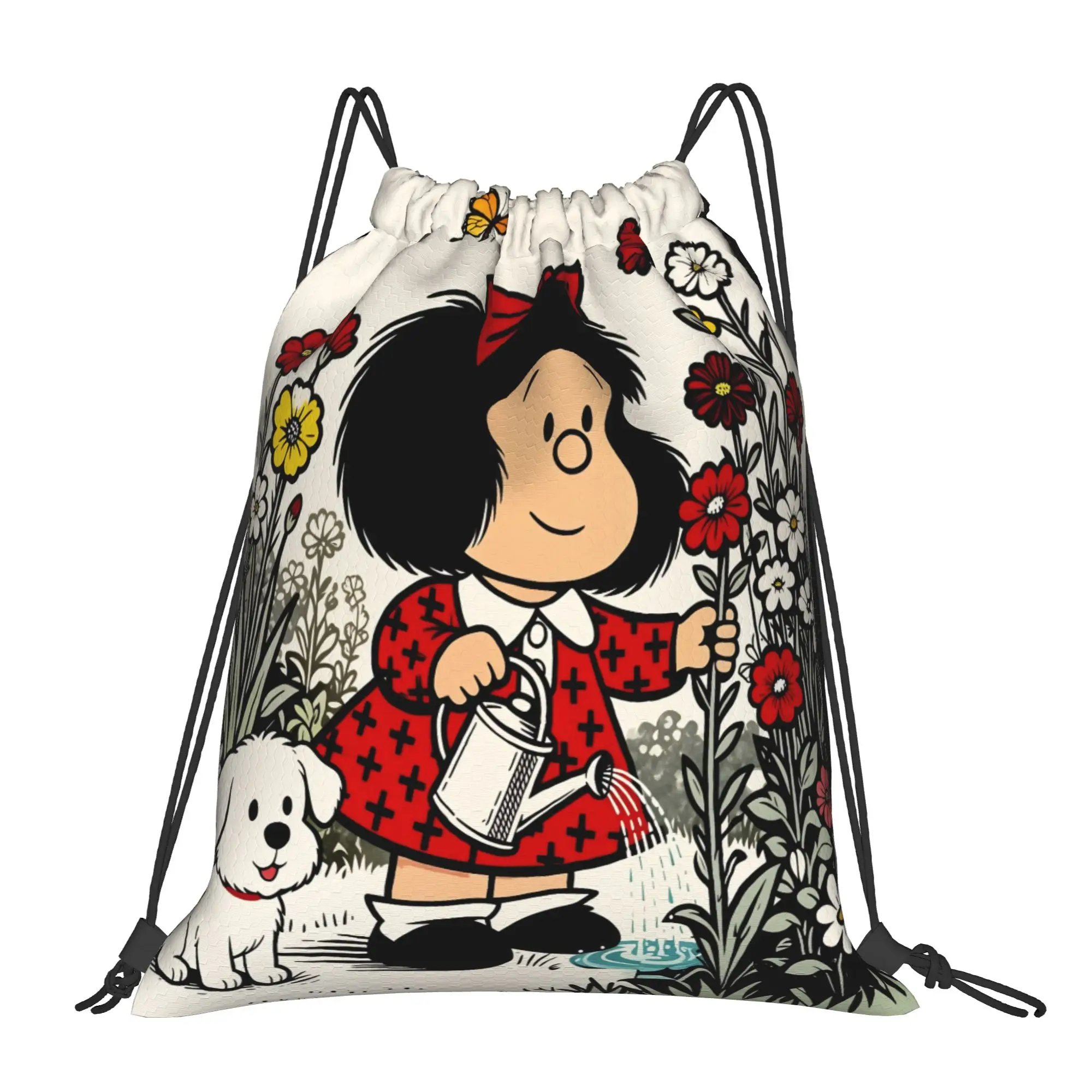 Cartoon Girl and Puppy Gardening Backpack Drawstring Football Bags Gym Bag Mafaldas String Sackpack Running 36cm (W) x 43cm (H)