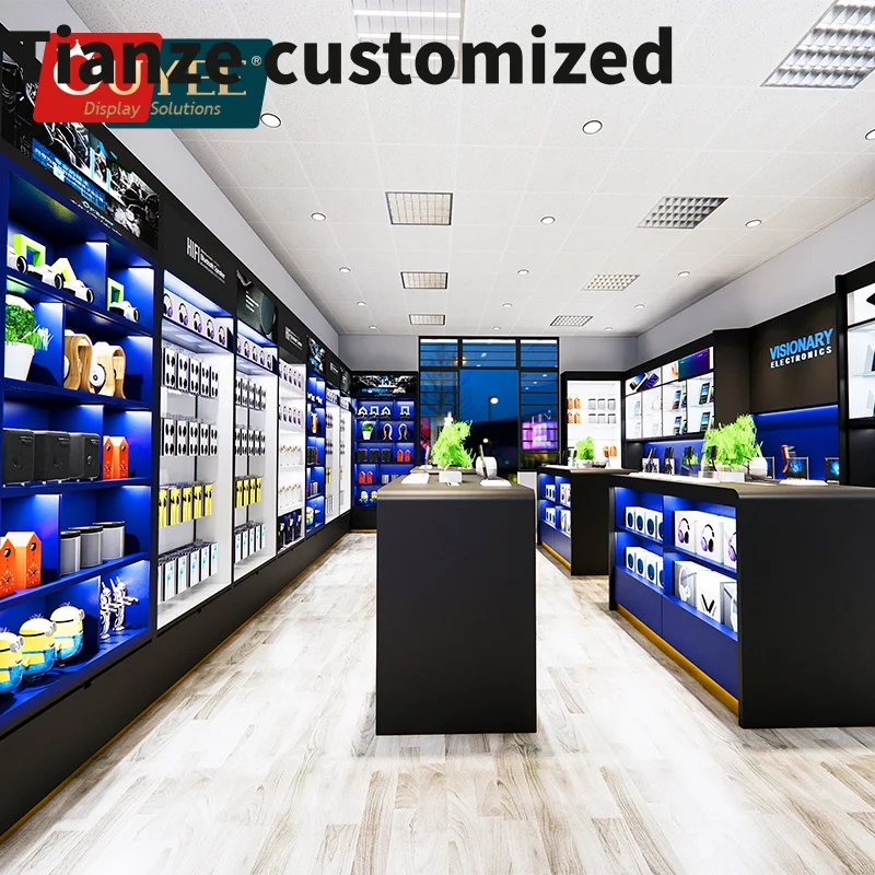 Customized-laptop showroom phone shop interior design glass mobile phone showcase display stand hanging mobile phone accesso