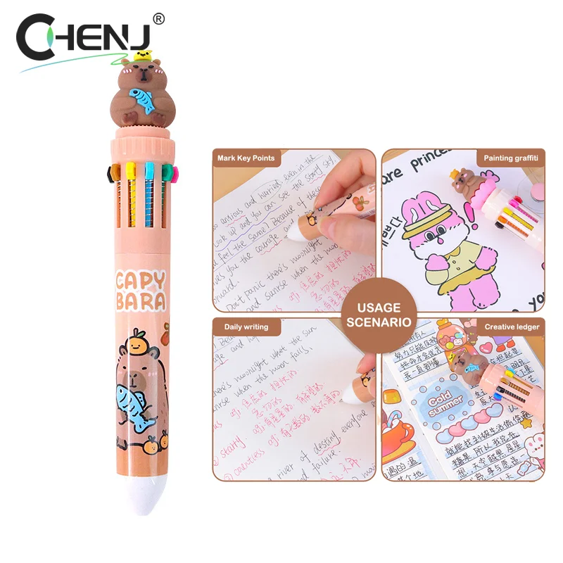 Cartoon Capybara Ten Color Ball Pen Ballpoint Pen Multicolored Pens Colorful Refill Multifunction 10 Colors In One Writing