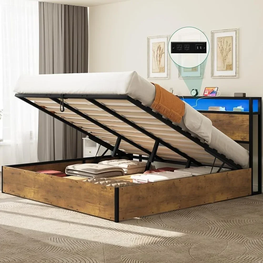 Lifting storage bed frame, bed frame with double storage shelf headboard, LED light platform bed frame with charging station