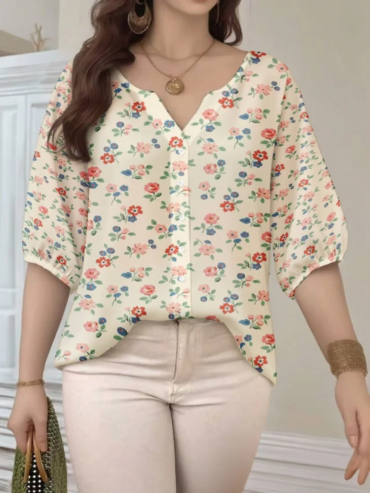 

2026 Summer New Arrival Women's Blouse Elegant Floral Print V-Neck Chiffon Shirt Plus Size Casual Loose Fit Tunic Top