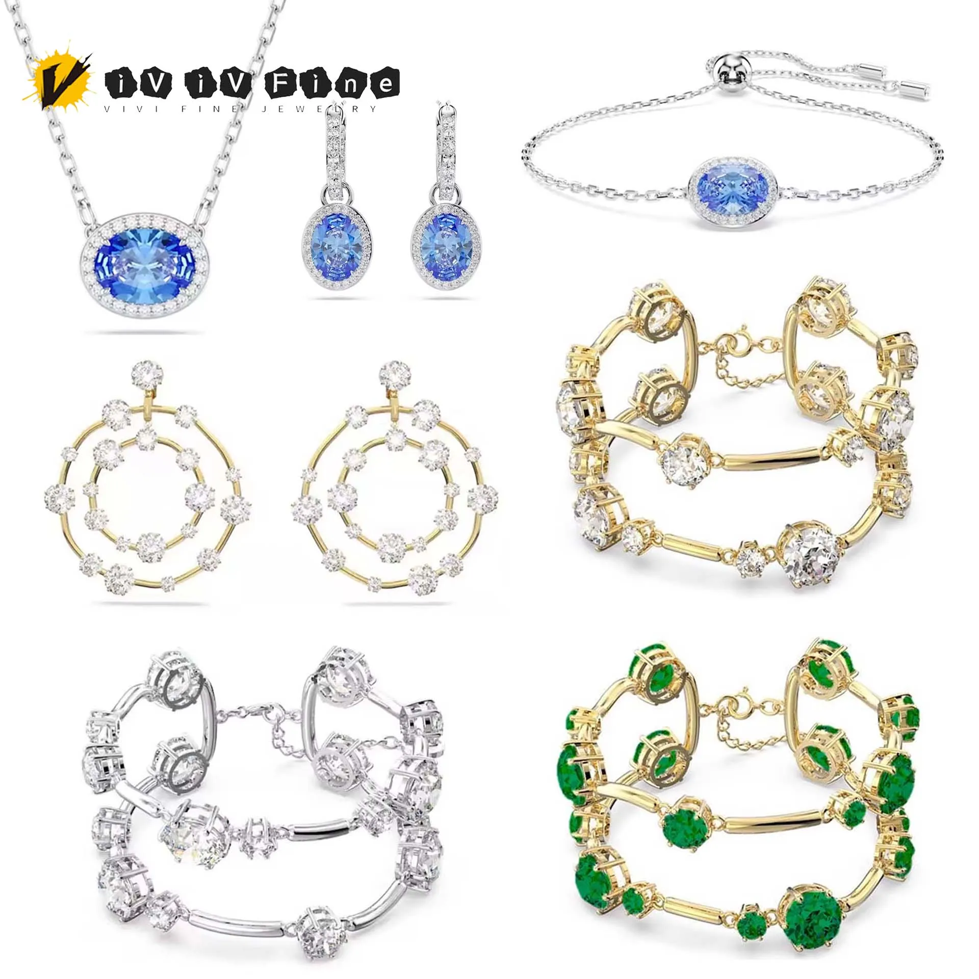 الأصلي 2025 الأزرق غرامة للنساء طقم مجوهرات المألوف الفولاذ المقاوم للصدأ قطع كريستال سوار قلادة أقراط الطوق #1