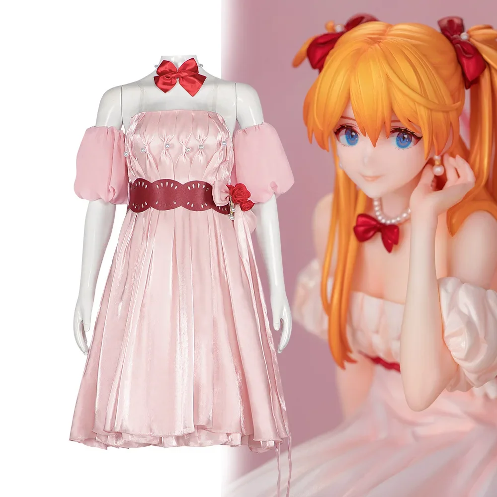 

Женский костюм для косплея Asuka Langley Soryu Ayanami Рей, женская форма, розовое цельное платье, костюмы на Хэллоуин для женщин, платье с рукавами и поясом