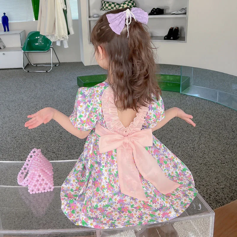 2-6 Years Summer Girls Dress Full Print Flower Heart-shaped Leaky Back Princess Dresses For Girl Children Birthday Party Custum