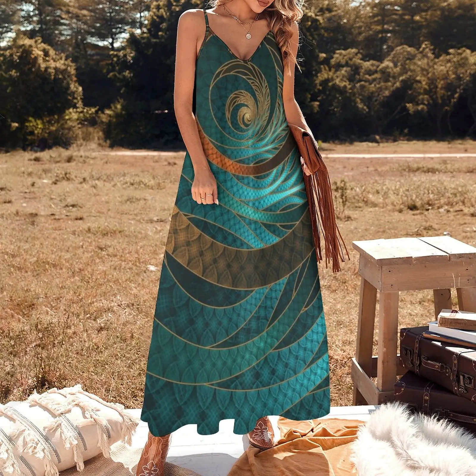 Beautiful Corded Leather Turquoise Fractal Bangles Sleeveless Dress Prom gown dresses for official occasions clothes for women