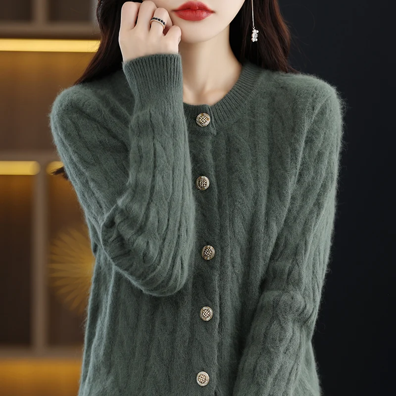 100% Mink Cashmere Cardigan Sweater Women\'s Knitted O-Neck Long Sleeve Top Casual Loose fitting Clothing Korean Fashion Pullover