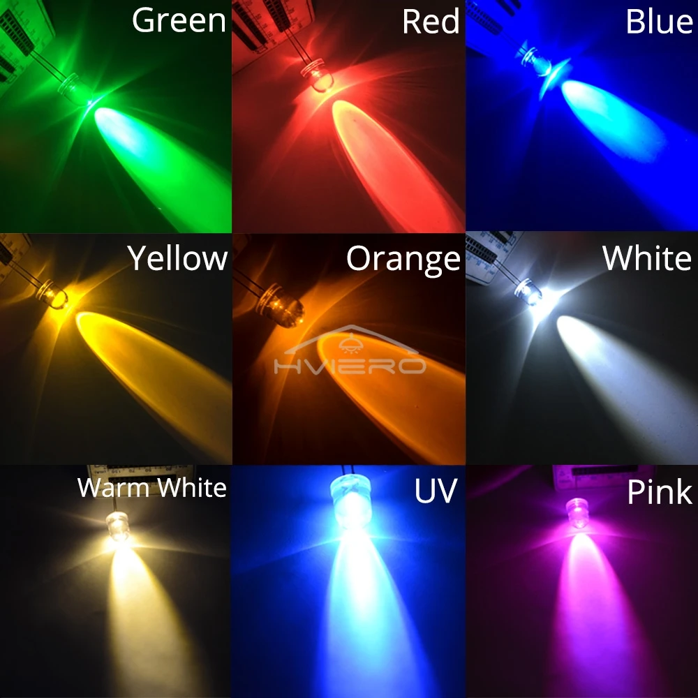 250Pcs 10mm F10 Round Top Ultra Bright Emitting Diode LED White Red Green Blue Yellow UV Pink Light Diodes Lamp Bulb Min Led