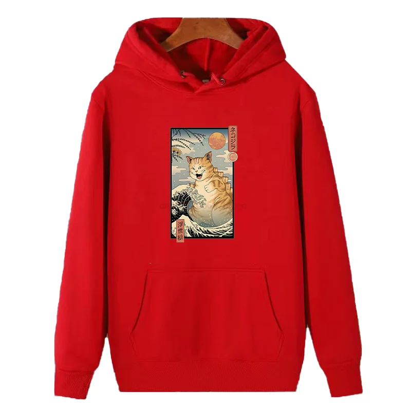 Fashion Street Huge Cat Graphic Hooded Sweatshirts Japanese Winter Essentials Pullovers Thick Sweater Hoodie Male Clothes