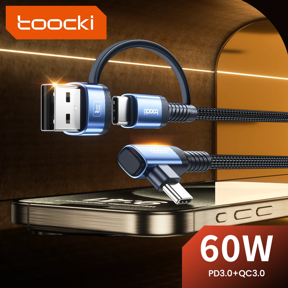 Toocki 2-in-1 Elbow USB C Cable, 2m PD 60W USB C to USB C 3A Fast Charging Cable for iPhone Samsung Xiaomi Huawei Data Wire