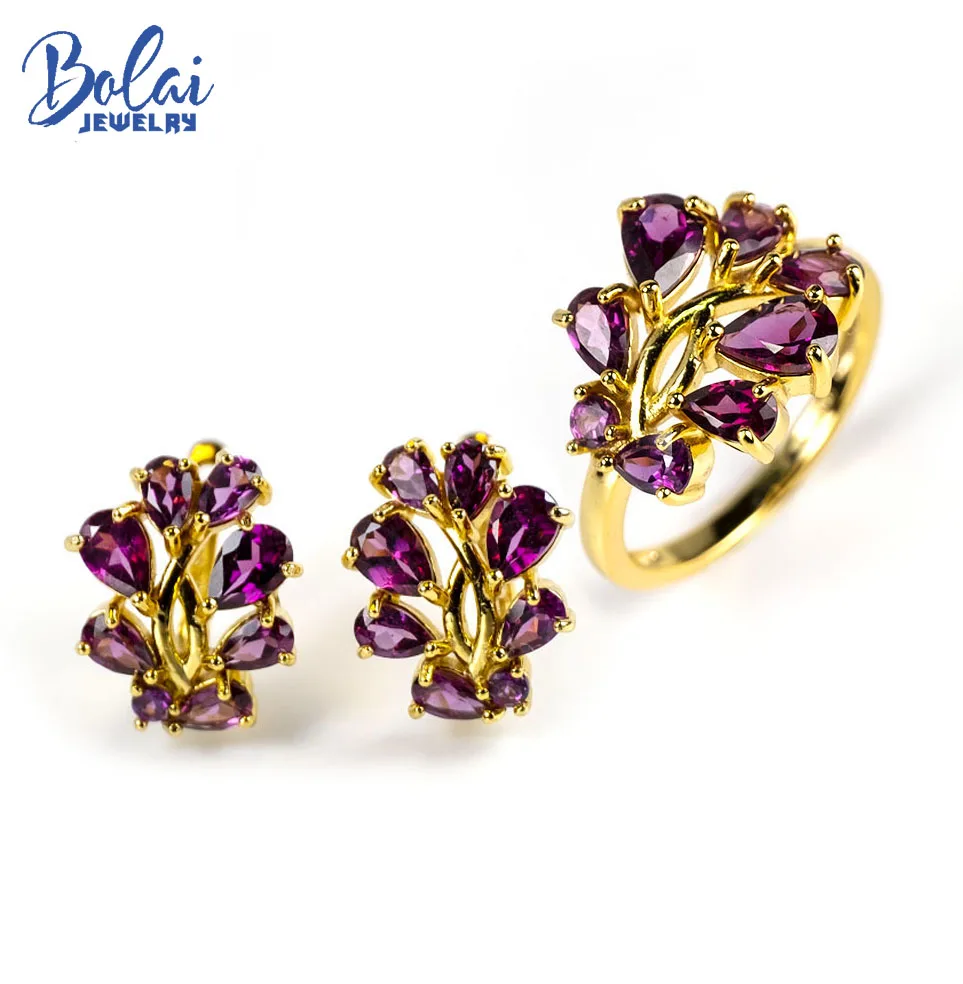 

Bolai 925 Sterling Silver Natural Rhodolite Garnet Jewelry Sets Kits Clasp Floral Earrings Ring for Woman Wife Best Gift 2022