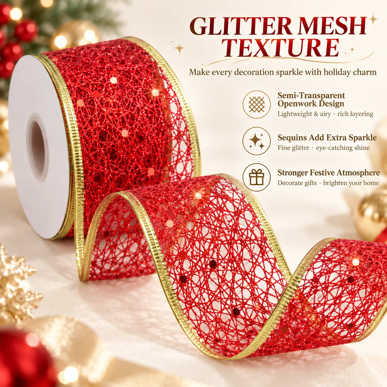 6.3cm 2 yard Red Glitter Mesh Wired Ribbon with Gold Edge Christmas Gift Wrapping Bow DIY Tree Wreath Party Decoration