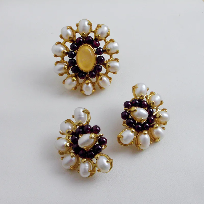 

Europe Vintage Natural Baroque Pearl Crystal Earrings Ring Women Luxury Jewelry