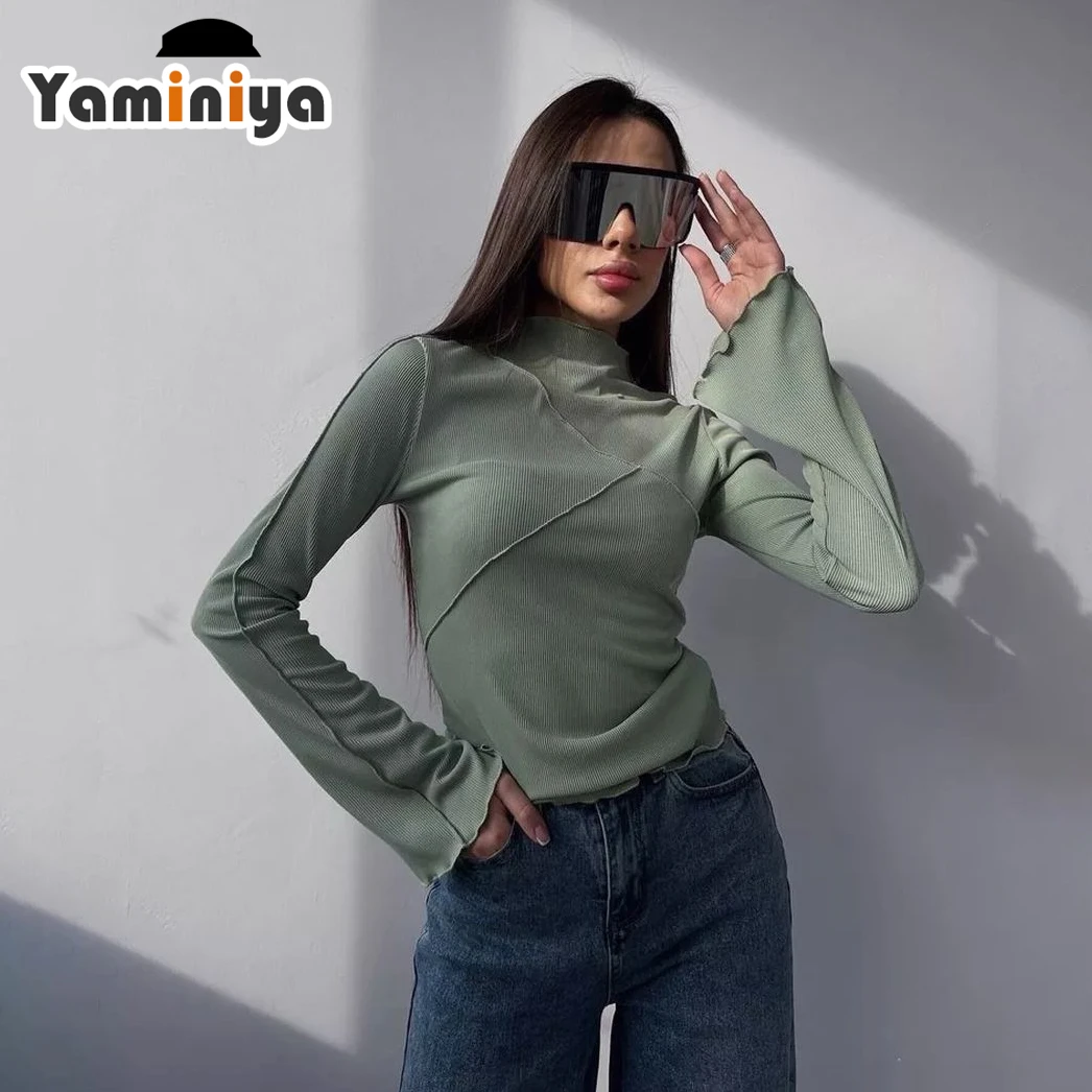 

Yaminiya High Neck Irregular Patchwork T Shirt Women Basic Autumn Winter Solid High Street Casual Tee Shirt Femme Top Fashion