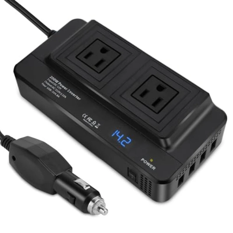 200W Car Inverter with 2 Plugs and 4 USB Ports Multifunctional Adapter Socket 12V DC To 110V AC Voltage Converter for Camping