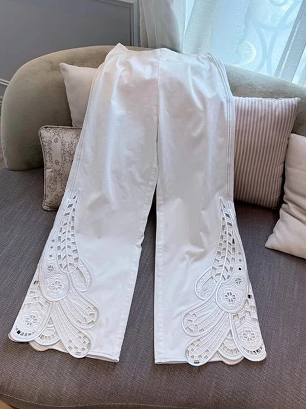 

White Hollow out High Waist Flared Casual Pants Women Summer Thin Straight Wide Leg Pants Loose Drapey Long Trousers