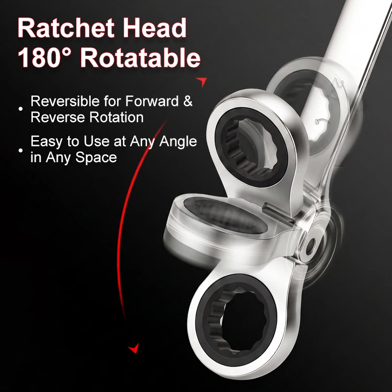 Ratchet Wrench 180 Rotating Open End Combination Wrench 72 Teeth Alloy Steel Mirror Chrome Polished 8-24mm Car Repair Tool