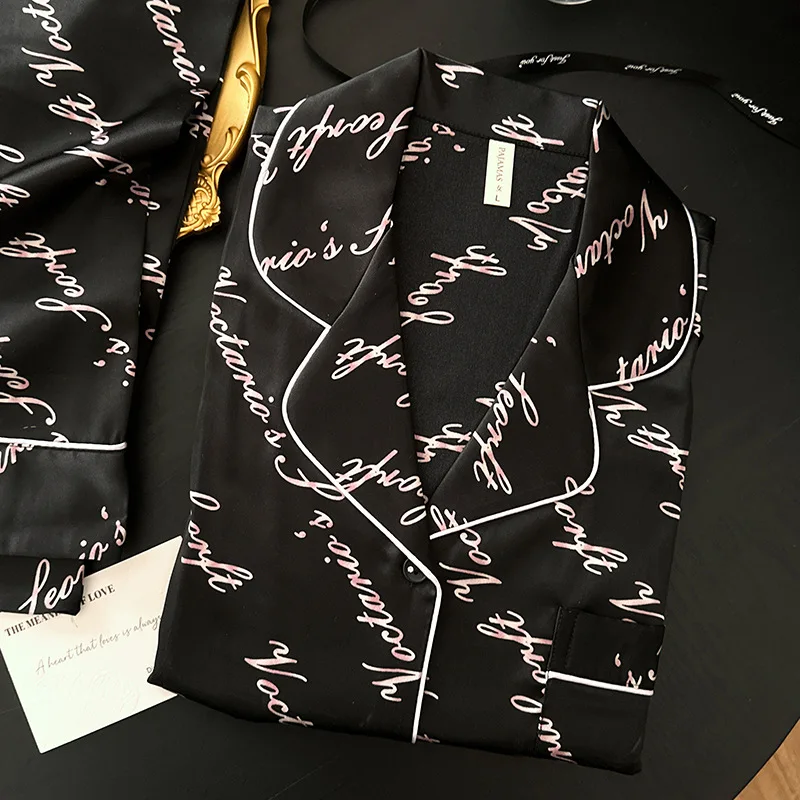 

Female PJS 2PCS Set Spring New Silk Satin Sleepwear Home Clothing Fashion Print Long Sleeve Trouser Suit Loose Casual Loungewear