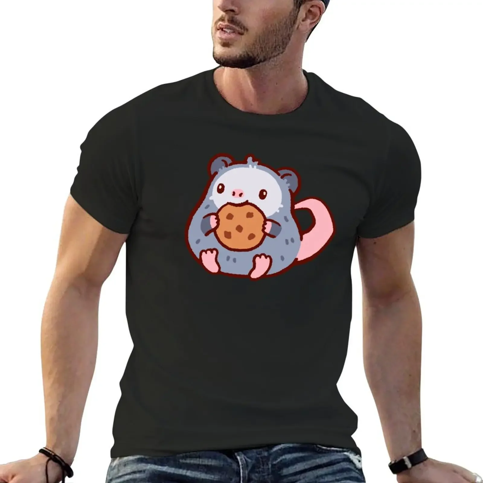 

Cute cartoon opossum with a chocolate cookie T-Shirt anime figures plain street wear new edition Short sleeve tee men