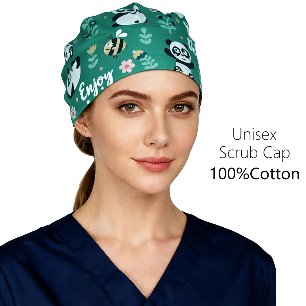 Unisex Wholesale prices panda pattern series printing women and men scrub cap vet medical nursing hat